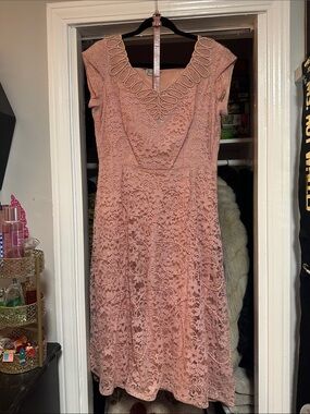 Vintage Lace V-Neck Midi Dress in Blush with Swarovski crystals and pearls